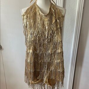 Gold Fringe Halter Dress
